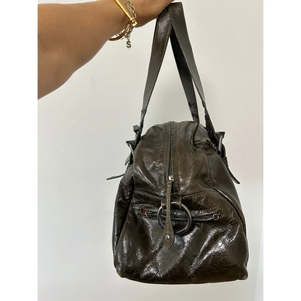 Y2K Francesco Biasia Distressed Leather Satchel Bag Olive Green Grunge